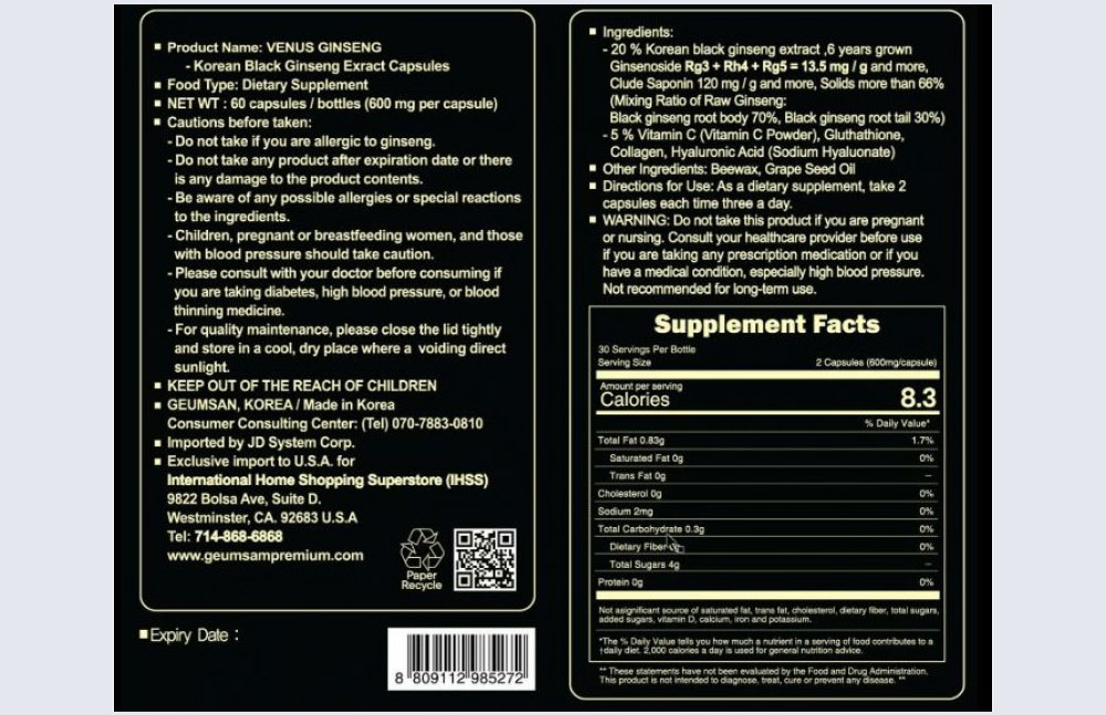 venus ginseng black ginseng extract 180 capsules back
